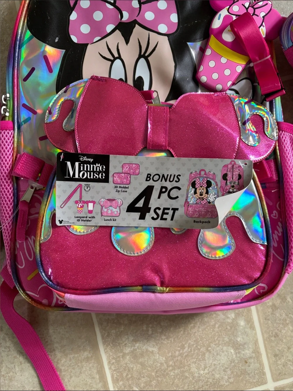 Disney Pink Minnie Mouse Kids Backpack Set - Pink, Black, White